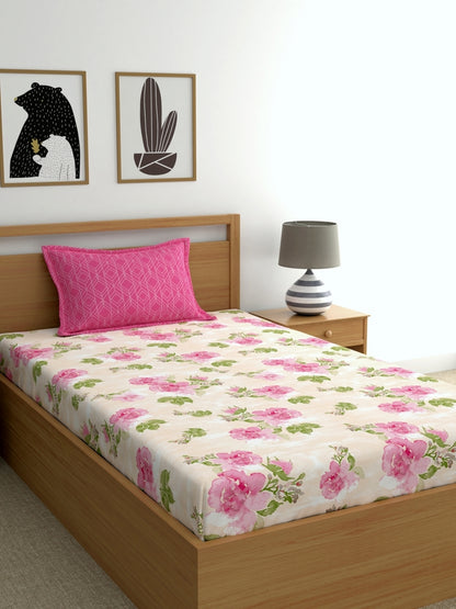 Dreamscape 100% Cotton 180 TC Floral Bedsheet Set - Colour: Pink