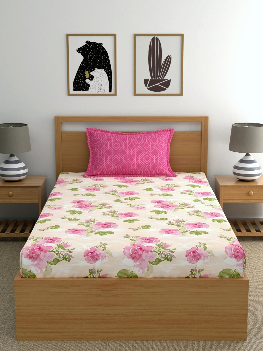 Dreamscape 100% Cotton 180 TC Floral Bedsheet Set - Colour: Pink