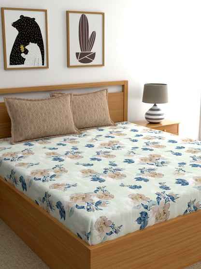 Dreamscape 100% Cotton 180 TC Floral Bedsheet Set - Colour: Blue