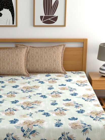 Dreamscape 100% Cotton 180 TC Floral Bedsheet Set - Colour: Blue