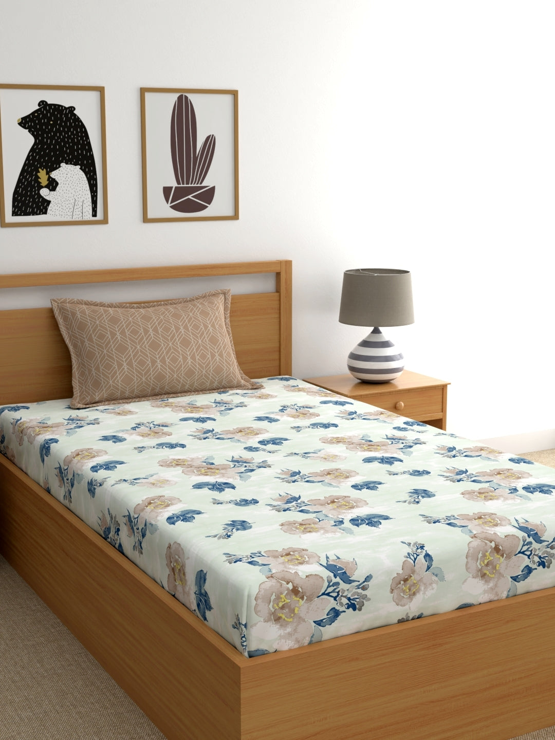Dreamscape 100% Cotton 180 TC Floral Bedsheet Set - Colour: Blue
