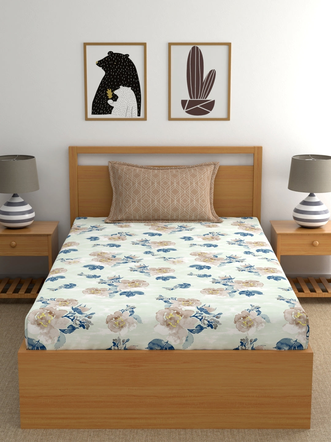 Dreamscape 100% Cotton 180 TC Floral Bedsheet Set - Colour: Blue