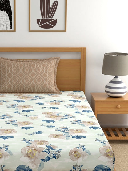 Dreamscape 100% Cotton 180 TC Floral Bedsheet Set - Colour: Blue