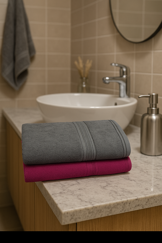 Dreamscape 100% Cotton 550 GSM Bath Towel Set of 2 | Light Grey & Dark Pink