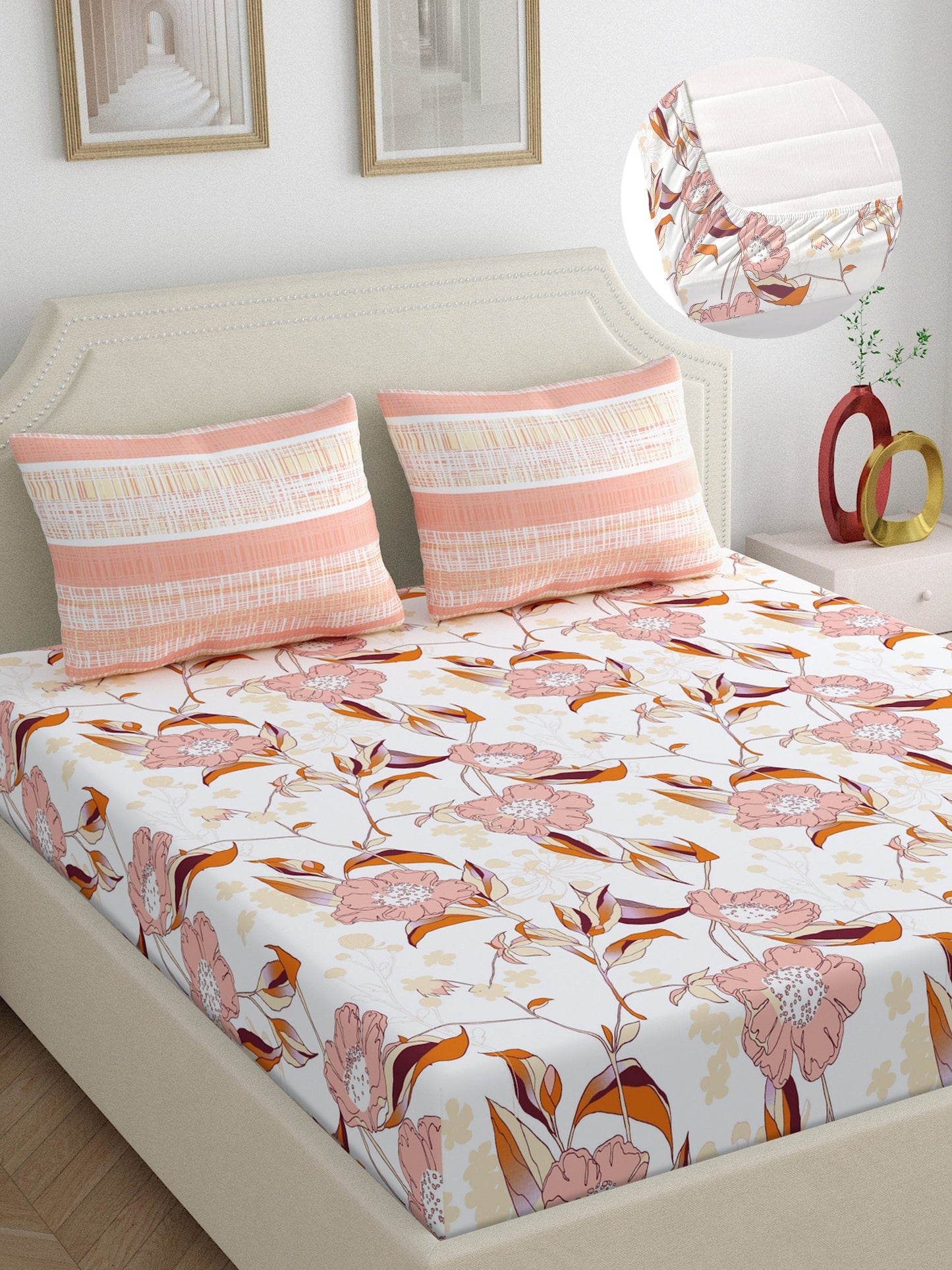 Home Ecstasy 100% Cotton | Floral Bedsheet Set | 140 TC | Beige