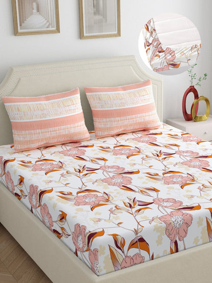 Home Ecstasy 100% Cotton | Floral Bedsheet Set | 140 TC | Beige