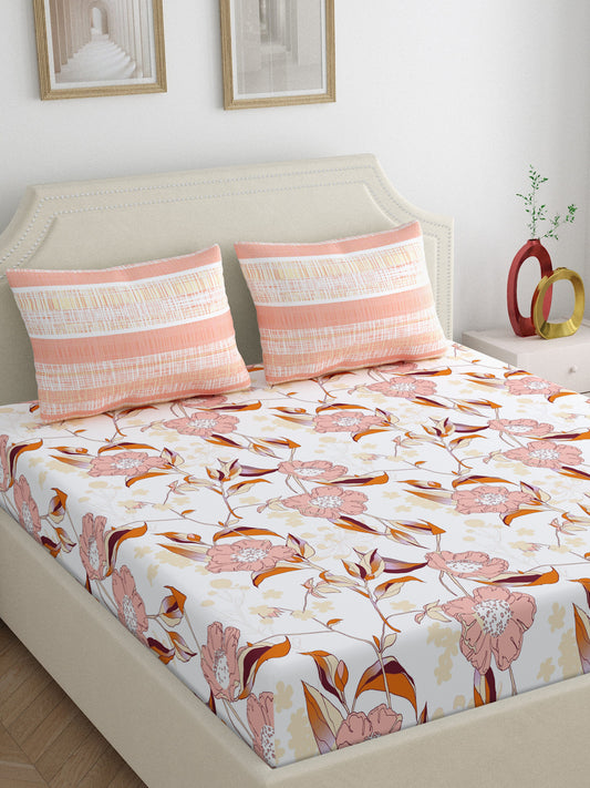 Home Ecstasy 100% Cotton | Floral Bedsheet Set | 140 TC | Beige