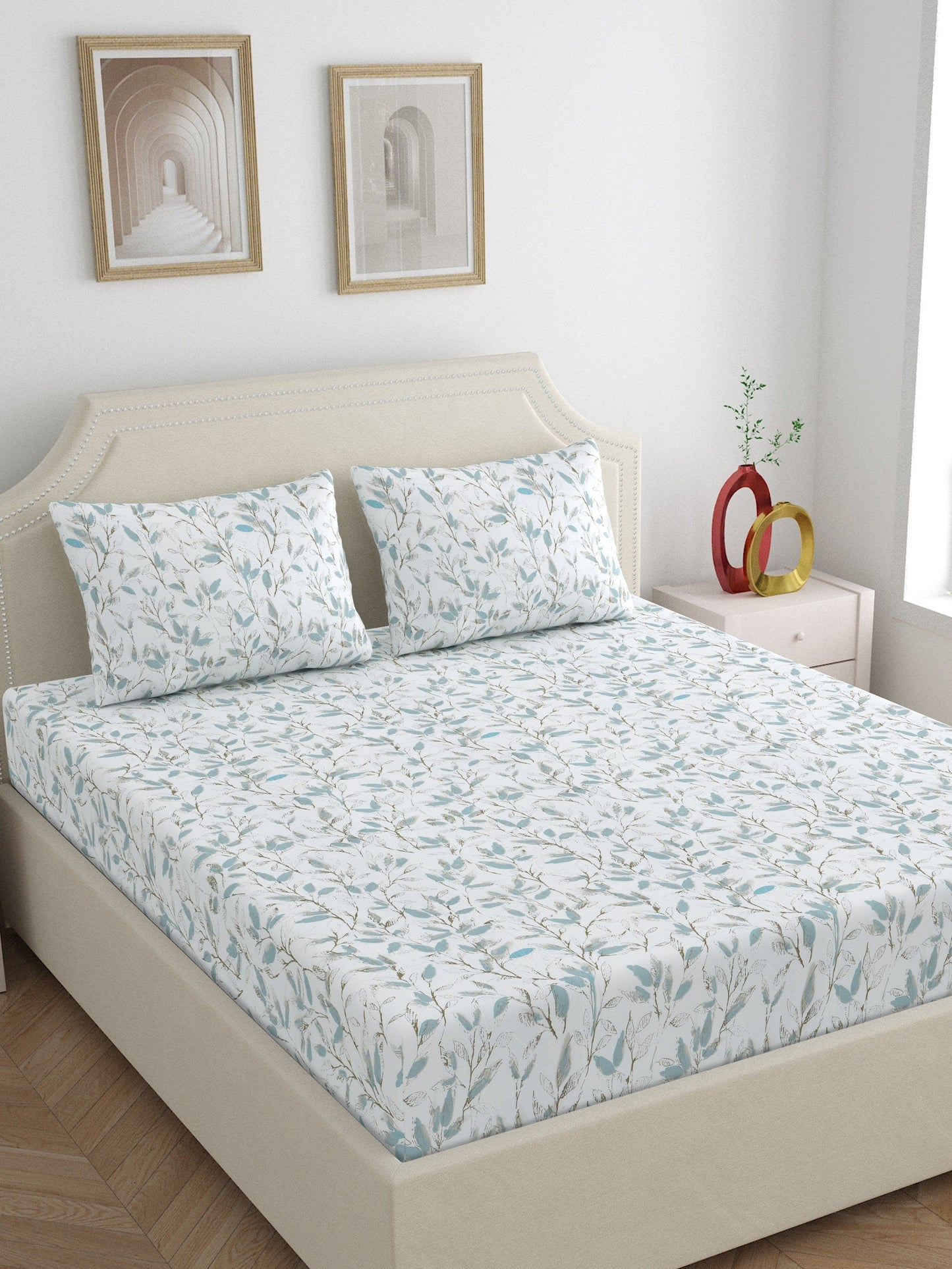 Home Ecstasy 100% Cotton 300 TC Floral Bedsheet Set - Colour: White