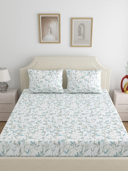 Home Ecstasy 100% Cotton 300 TC Floral Bedsheet Set - Colour: White
