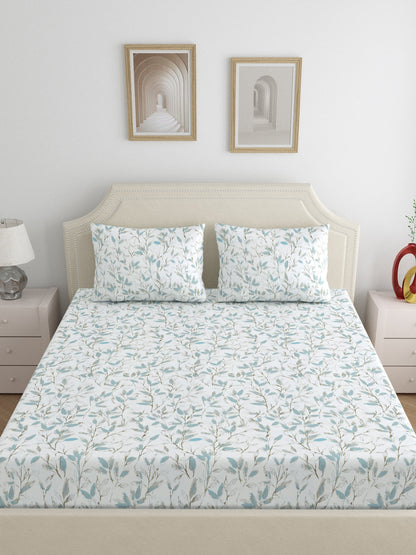 Home Ecstasy 100% Cotton 300 TC Floral Bedsheet Set - Colour: White