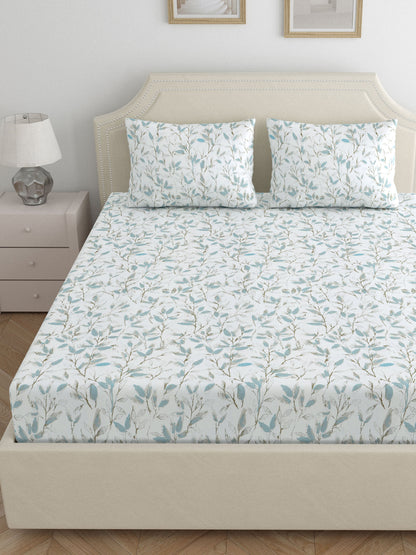 Home Ecstasy 100% Cotton 300 TC Floral Bedsheet Set - Colour: White