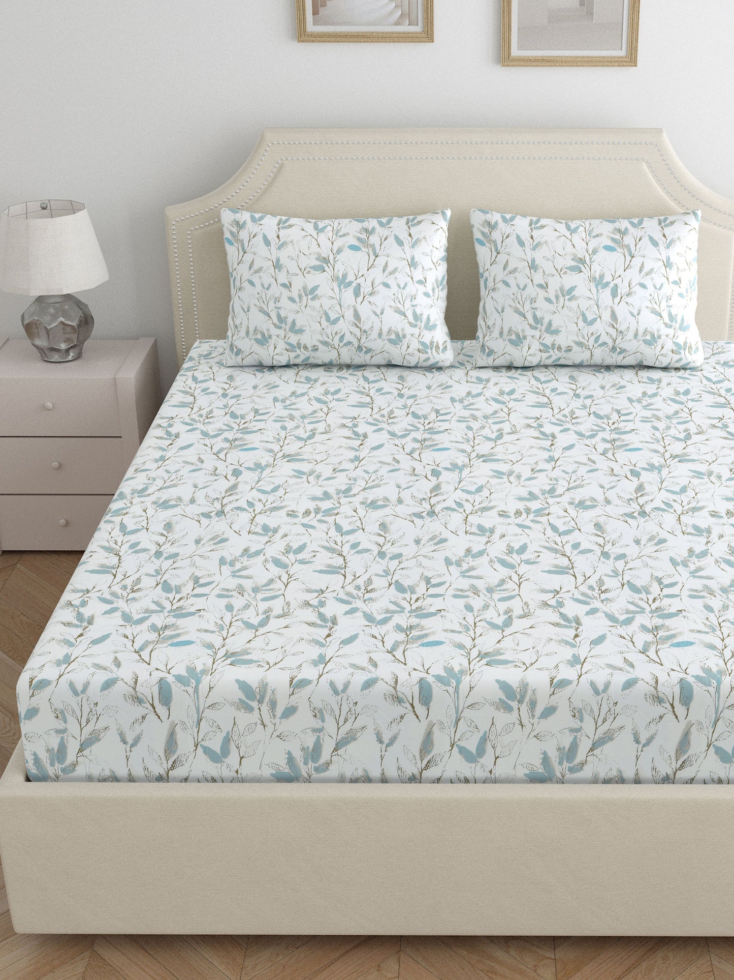 Home Ecstasy 100% Cotton 300 TC Floral Bedsheet Set - Colour: White