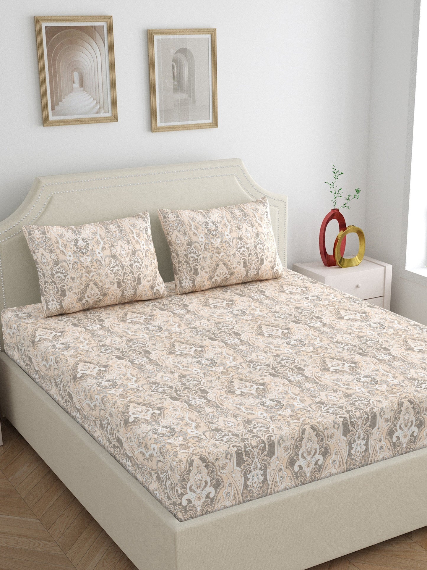 Home Ecstasy 100% Cotton 300 TC Floral Bedsheet Set - Colour: Lt.Brown