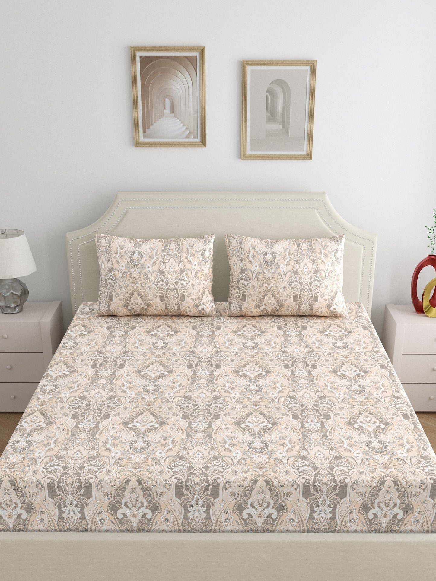 Home Ecstasy 100% Cotton 300 TC Floral Bedsheet Set - Colour: Lt.Brown