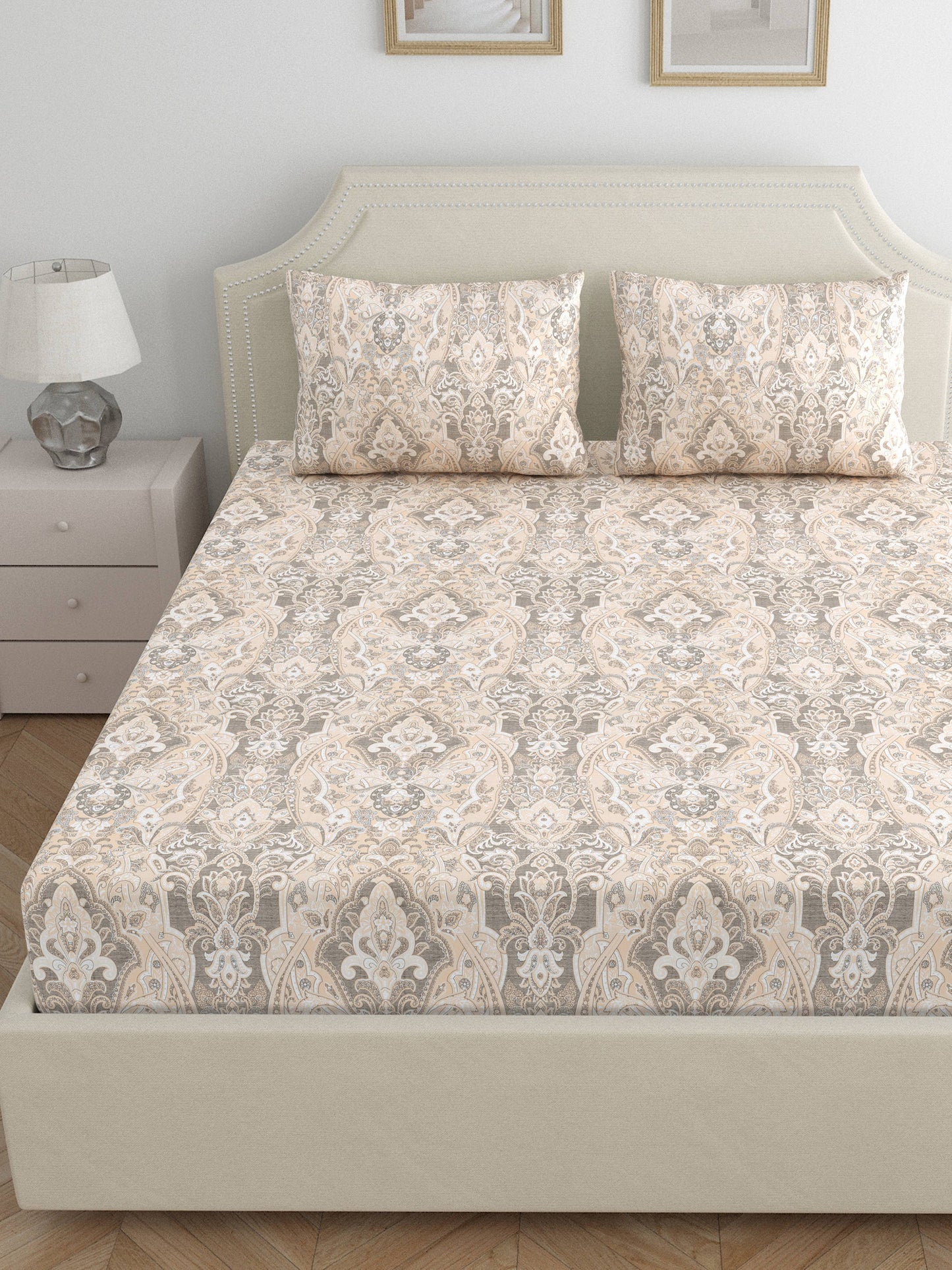 Home Ecstasy 100% Cotton 300 TC Floral Bedsheet Set - Colour: Lt.Brown