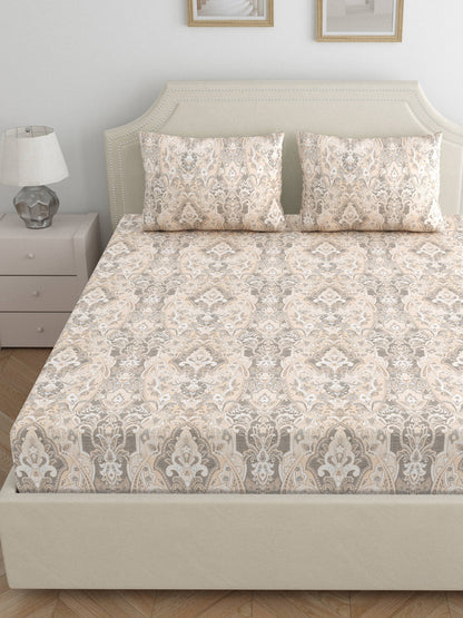 Home Ecstasy 100% Cotton 300 TC Floral Bedsheet Set - Colour: Lt.Brown