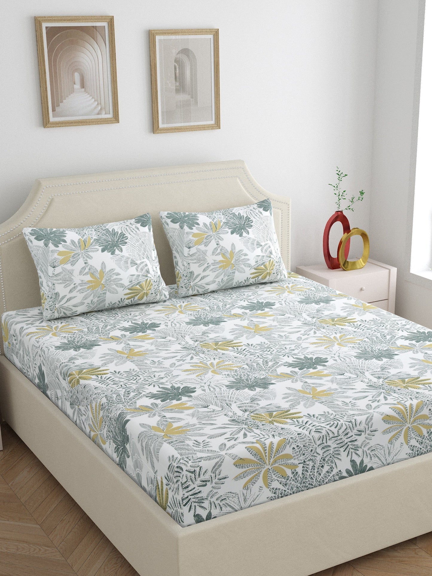 Home Ecstasy 100% Cotton 300 TC Floral Bedsheet Set - Colour: Green