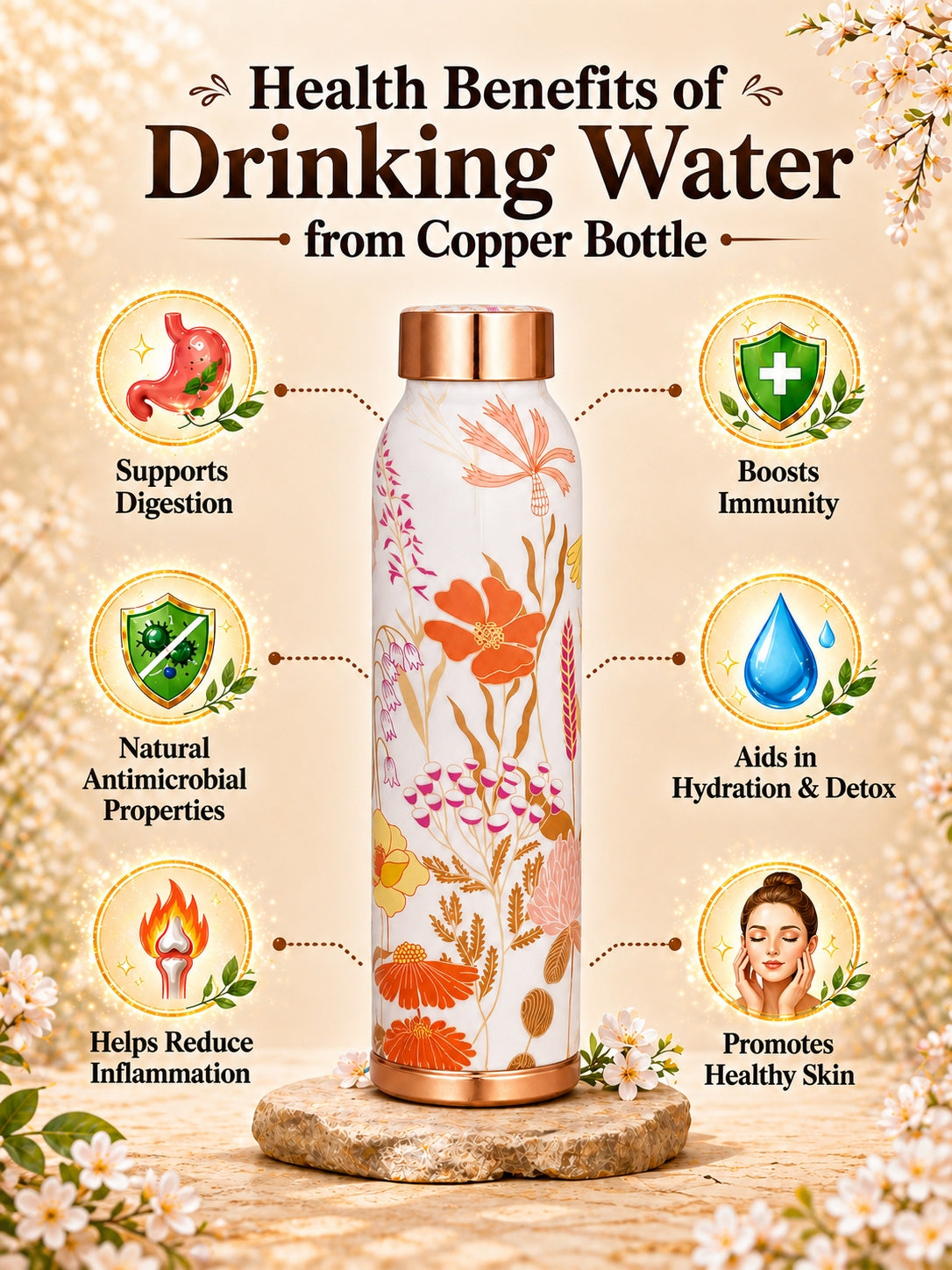 Home Ecstasy 100% Pure Copper Water Bottle | Leak Proof, Durable & Rust Proof | Non-Toxic & BPA Free Bottle | Eco Friendly Water Bottle (900 ml) (Pack of 1)