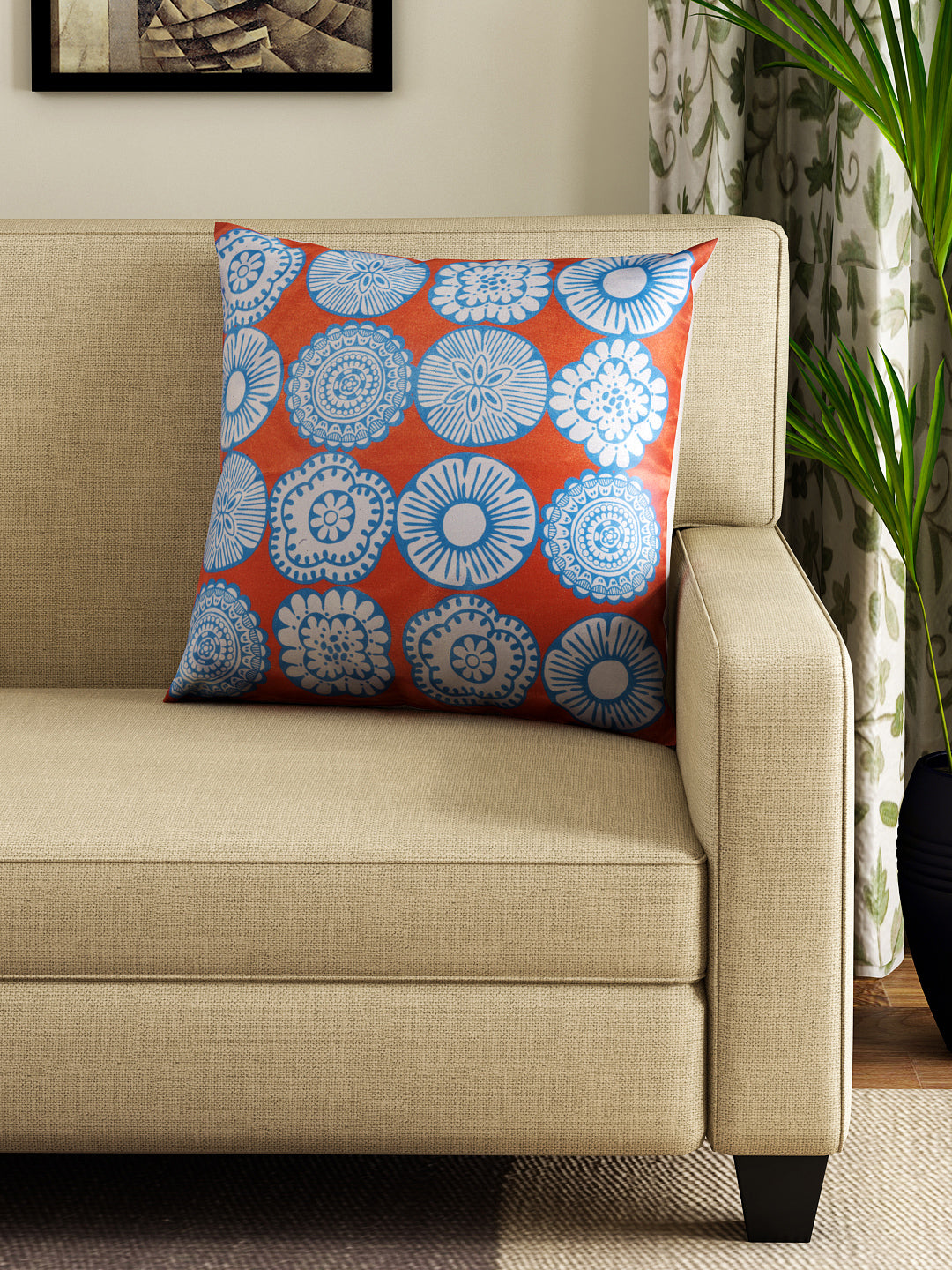 Dreamscape 100% Polyester Abstract orange & Blue Cushion Cover 16"x16" (Set of 2) | 140 TC | Orange