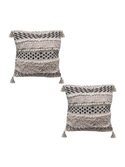 Home Ecstasy 100% Cotton Embroidered Beige And Black Cushion Cover 16"x16" (Set of 2) | 140 TC | Beige & Black