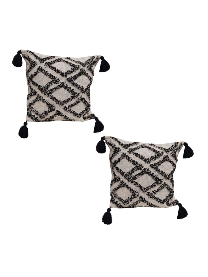 Home Ecstasy 100% Cotton Embroidered Beige And Black Cushion Cover 18"x18" (Set of 2) | 140 TC | Beige & Black