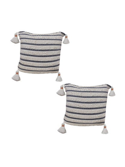 Home Ecstasy 100% Cotton Embroidered Ivory And Blue Cushion Cover 18"x18" (Set of 2) | 140 TC | Ivory & Blue