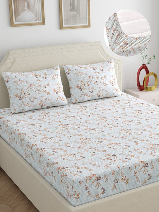 Dreamscape 100% cotton 250 TC floral fitted bedsheet in seagreen