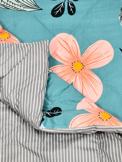 Home Ecstasy Wrinkle and Fade Resistant 150 GSM Floral Quilt (Comforter) - Colour: Teal & Black