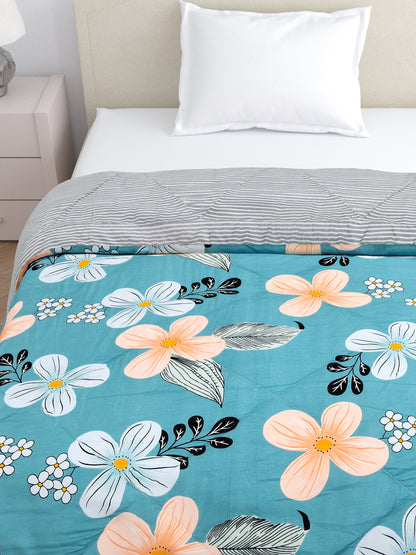 Home Ecstasy Wrinkle and Fade Resistant 150 GSM Floral Quilt (Comforter) - Colour: Teal & Black