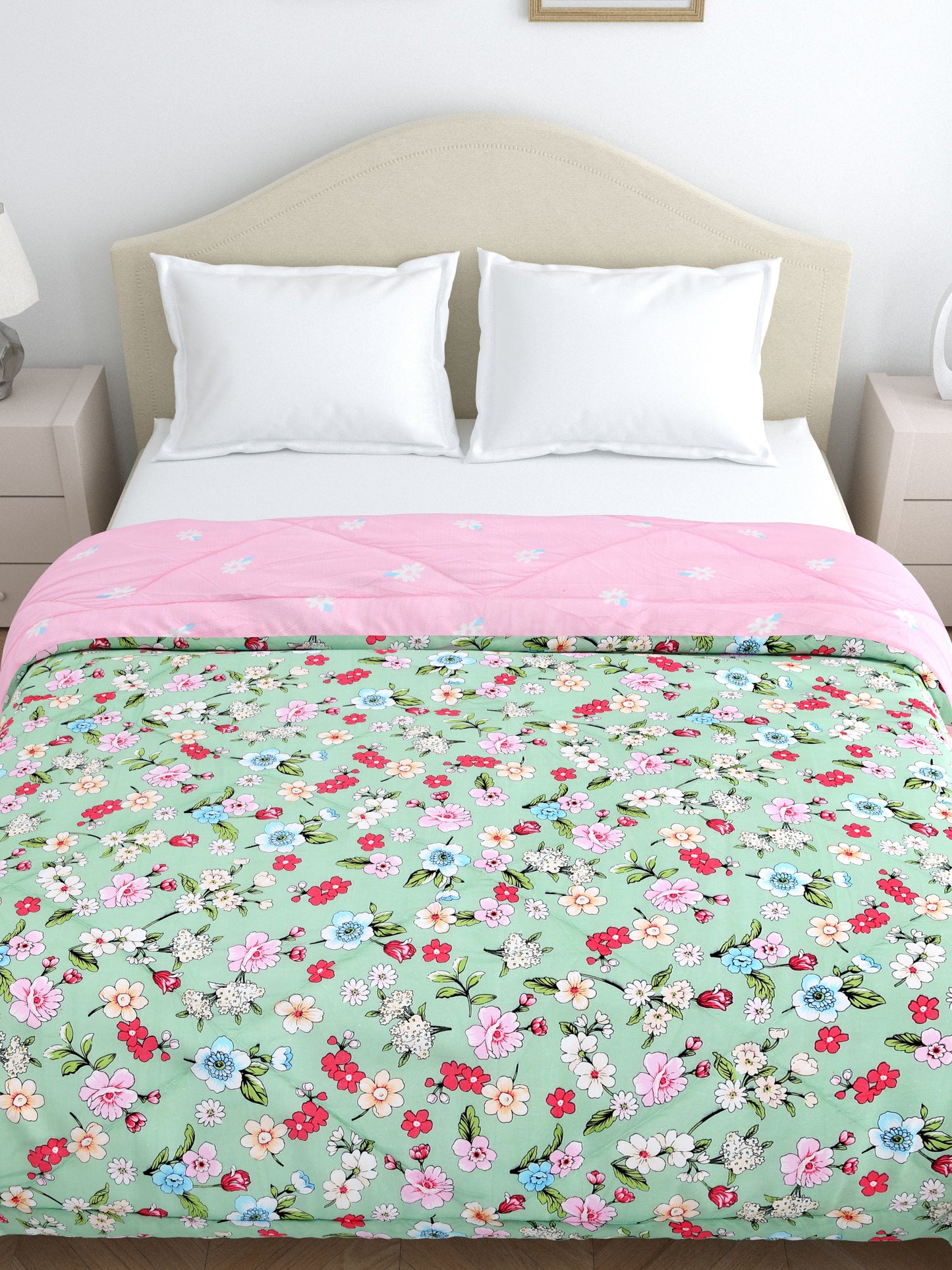 Home Ecstasy Wrinkle and Fade Resistant 150 GSM Floral Quilt (Comforter) - Colour: Green & Pink