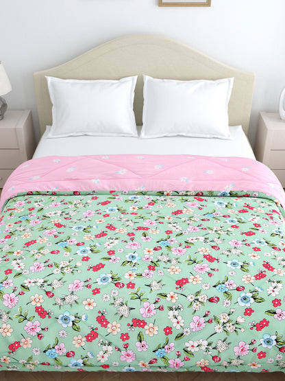 Home Ecstasy Wrinkle and Fade Resistant 150 GSM Floral Quilt (Comforter) - Colour: Green & Pink