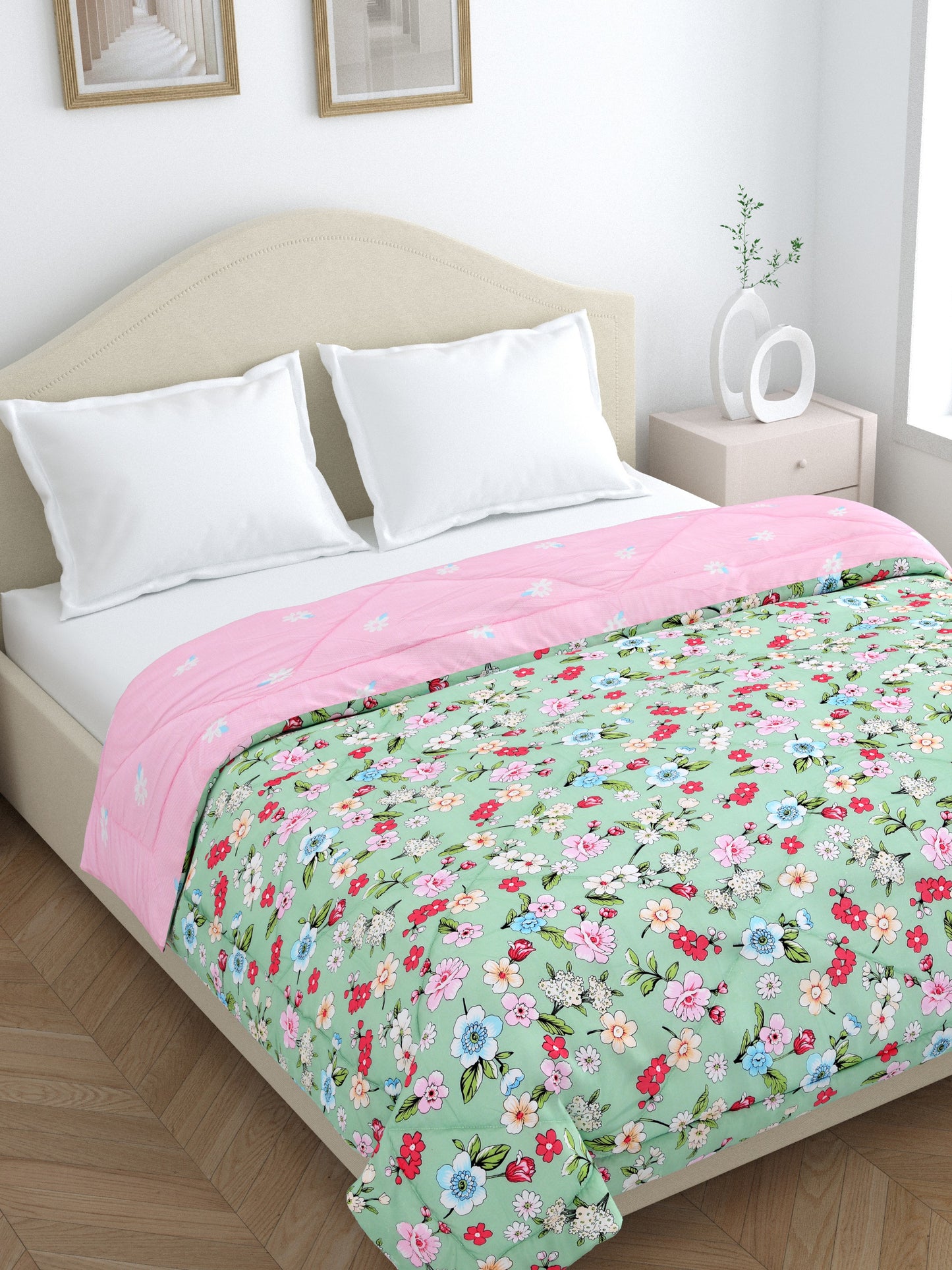 Home Ecstasy Wrinkle and Fade Resistant 150 GSM Floral Quilt (Comforter) - Colour: Green & Pink