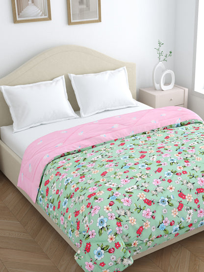 Home Ecstasy Wrinkle and Fade Resistant 150 GSM Floral Quilt (Comforter) - Colour: Green & Pink