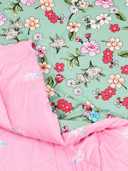 Home Ecstasy Wrinkle and Fade Resistant 150 GSM Floral Quilt (Comforter) - Colour: Green & Pink