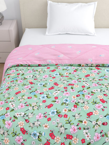 Home Ecstasy Wrinkle and Fade Resistant 150 GSM Floral Quilt (Comforter) - Colour: Green & Pink
