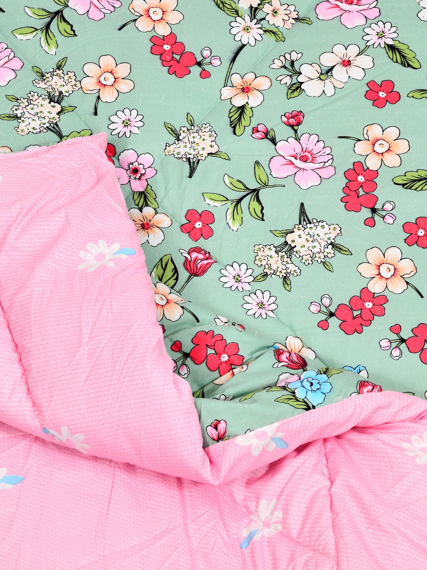 Home Ecstasy Wrinkle and Fade Resistant 150 GSM Floral Quilt (Comforter) - Colour: Green & Pink