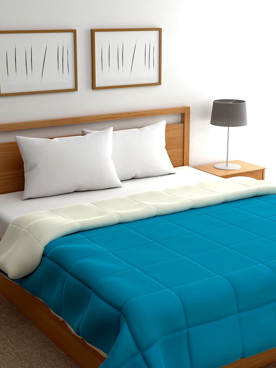 Home Ecstasy Wrinkle and Fade Resistant 150 GSM Solid Quilt (Comforter) - Colour: Aqua Blue & Ivory
