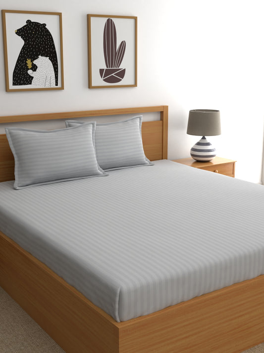 Dreamscape 100% Cotton Stripe Bedsheet Set | 210 TC | Grey