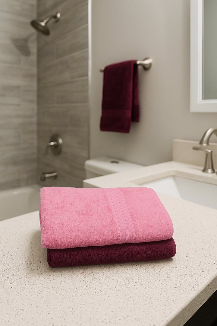 Dreamscape 100% Cotton 550 GSM Bath Towel Set of 2 | Burgundy & Rose