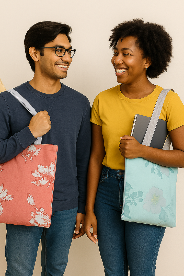 Home Ecstasy 100% Cotton Floral Tote Bag Set Of 2 | 140 TC | Brown and Peach