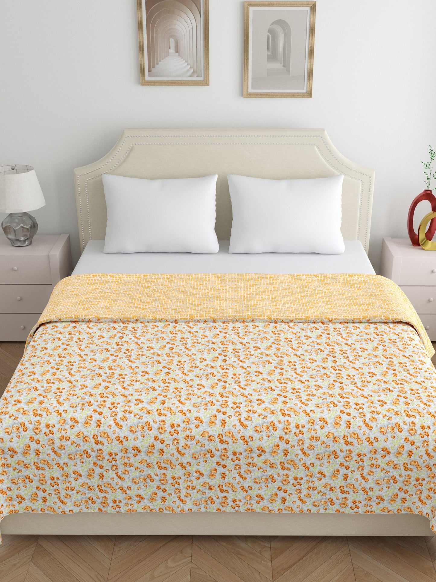 Home Ecstasy 100% Cotton 210 GSM Floral Dohar - Colour: Mustard