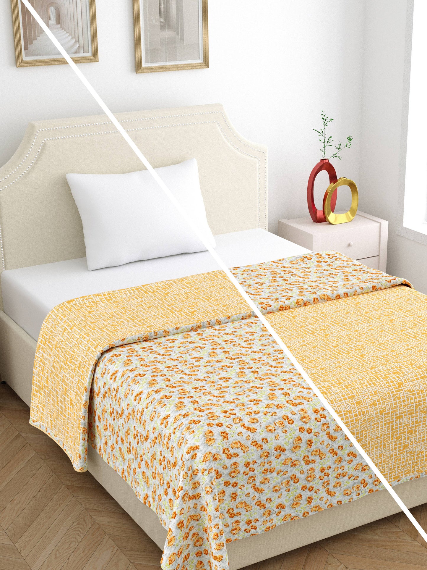 Home Ecstasy 100% Cotton 210 GSM Floral Dohar - Colour: Mustard