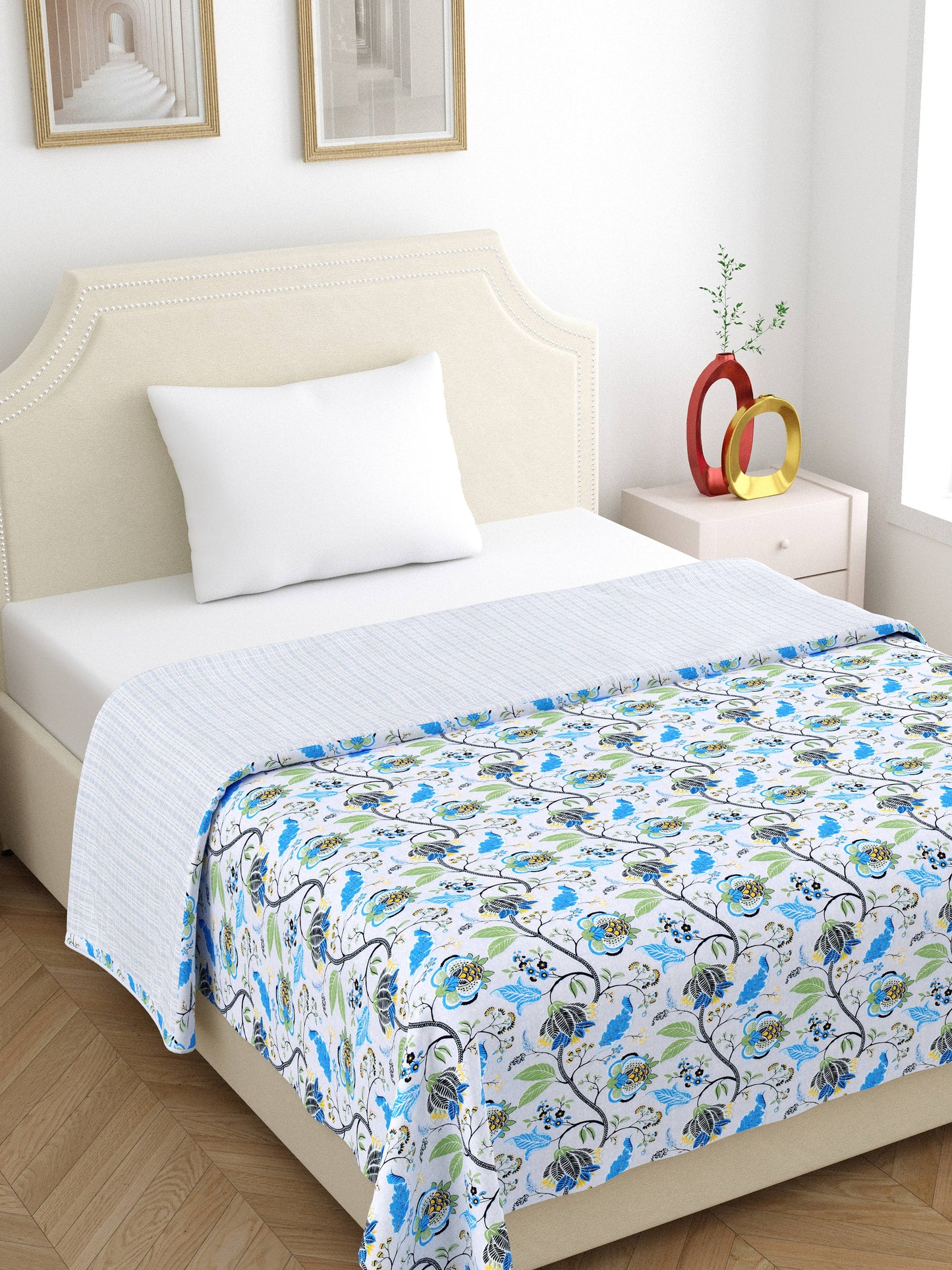 Home Ecstasy 100% Cotton 210 GSM Floral Dohar - Colour: Blue