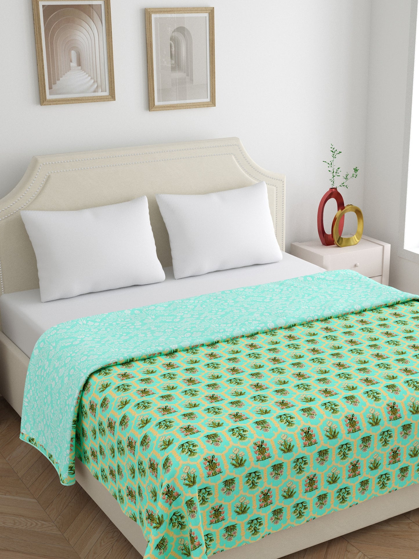 Home Ecstasy 100% Cotton 210 GSM Floral Dohar - Colour: Green