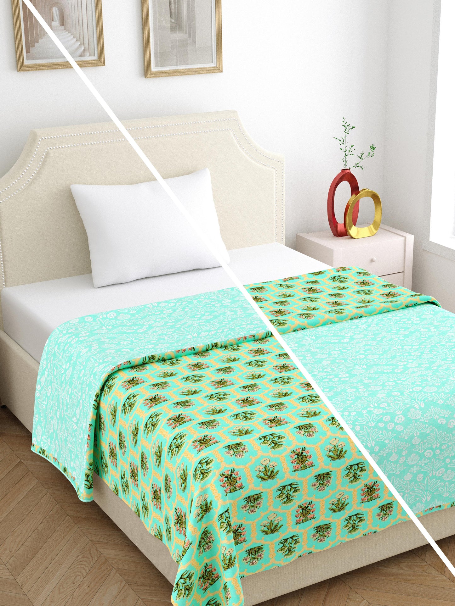 Home Ecstasy 100% Cotton 210 GSM Floral Dohar - Colour: Green