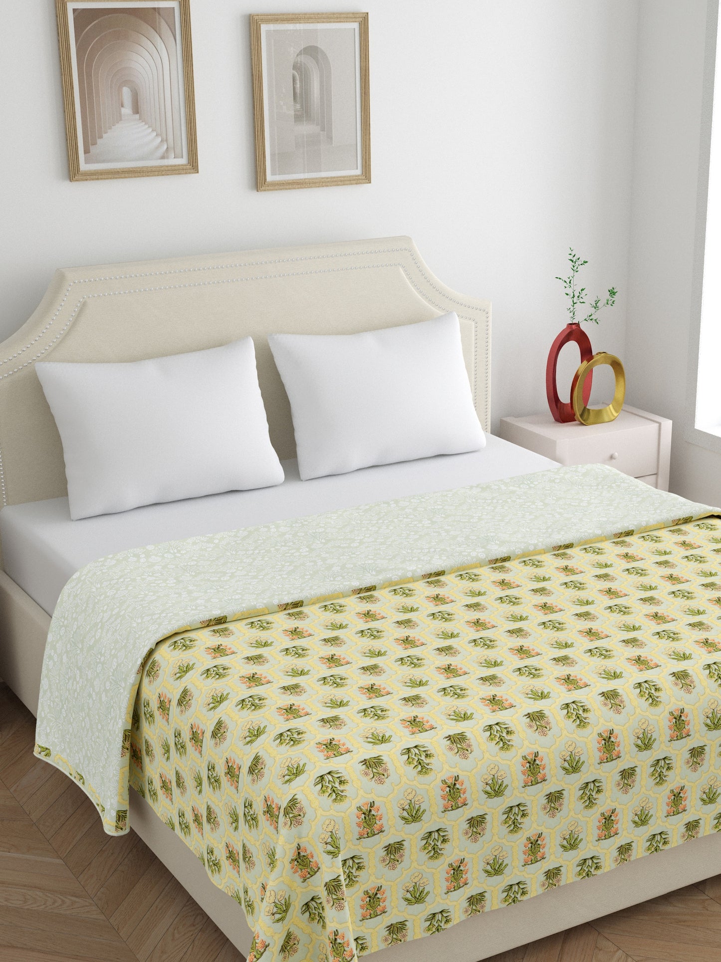 Home Ecstasy 100% Cotton 210 GSM Floral Dohar - Colour: Olive