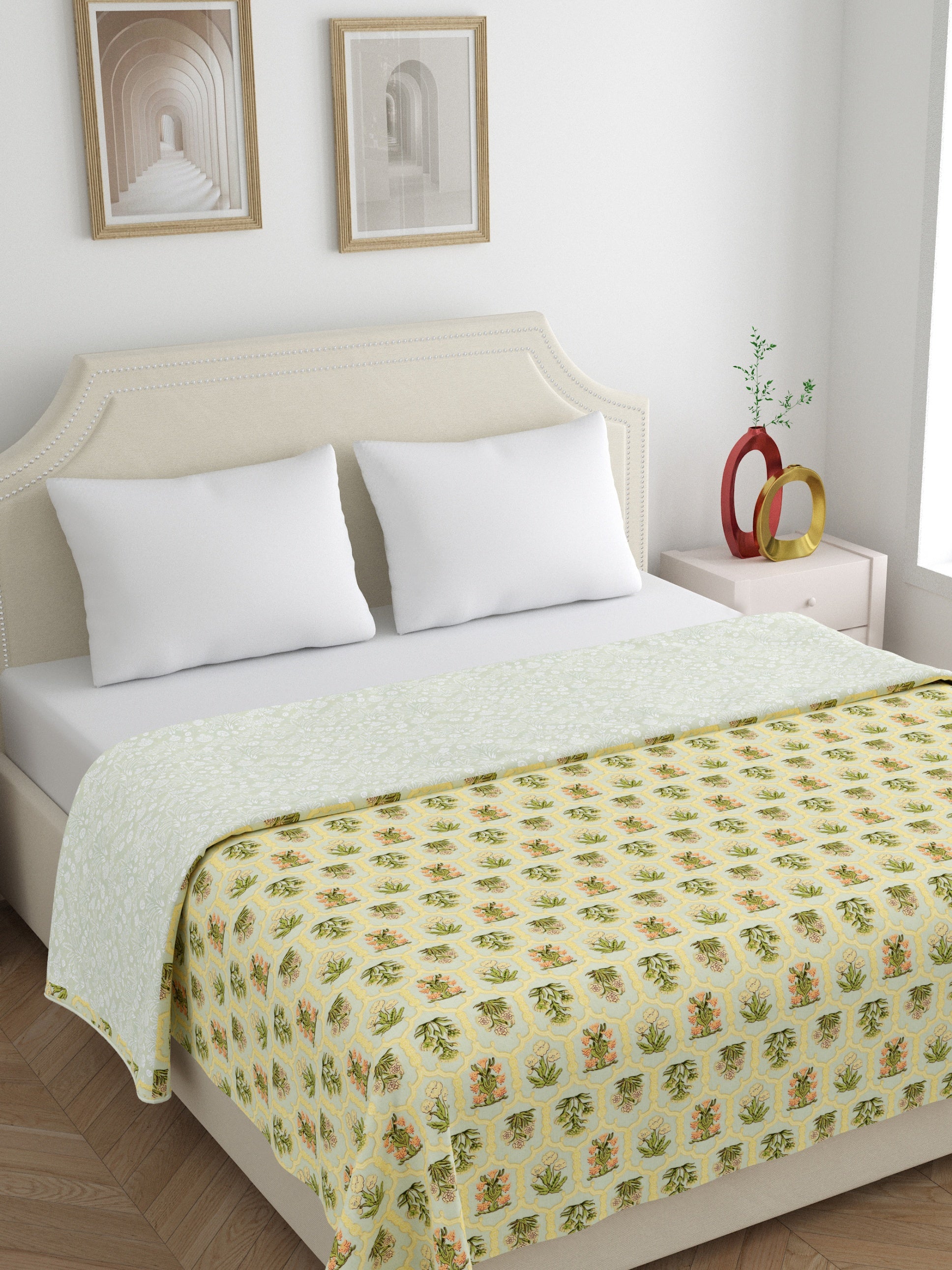 Home Ecstasy 100% Cotton 210 GSM Floral Dohar - Colour: Olive