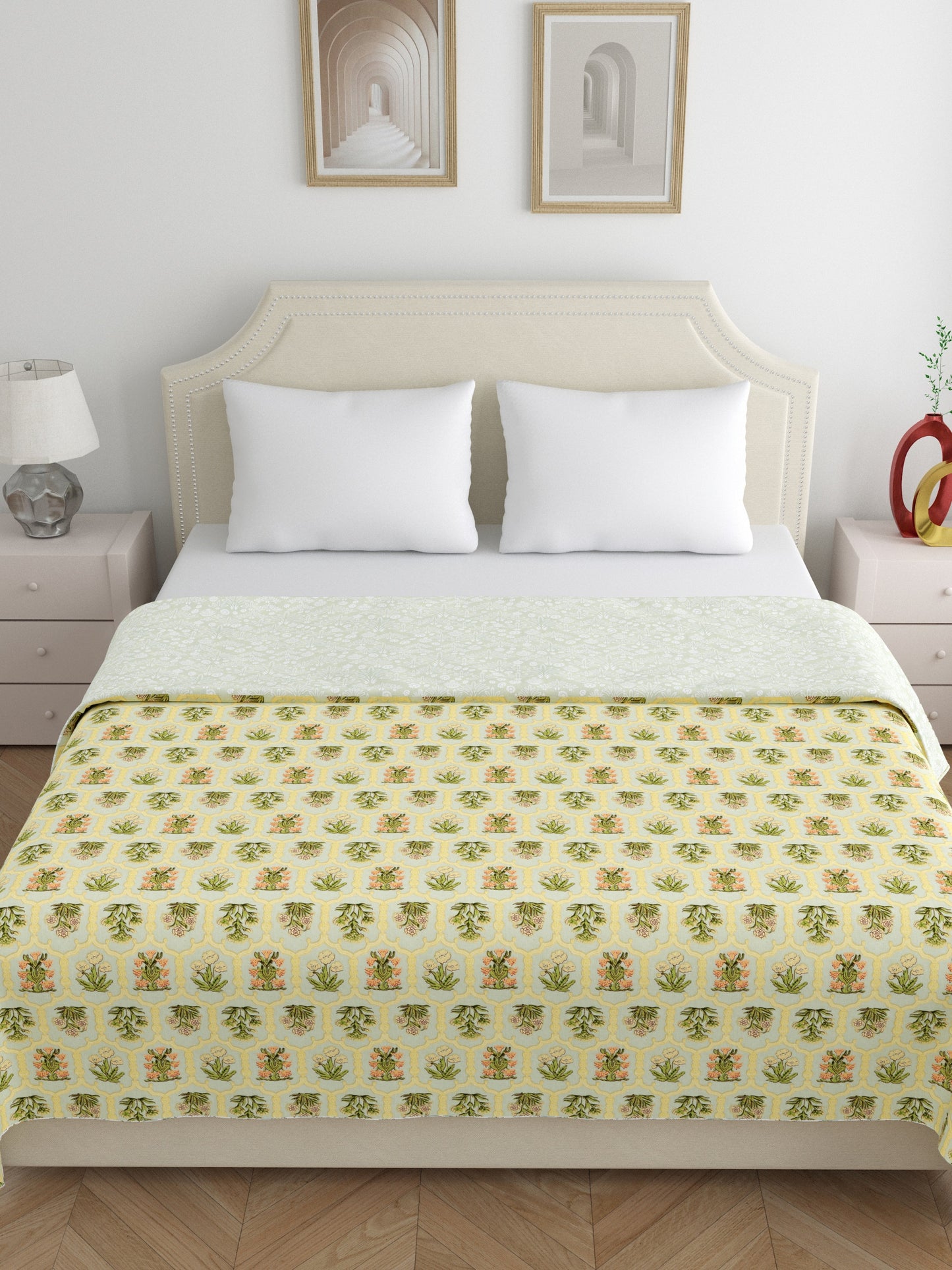 Home Ecstasy 100% Cotton 210 GSM Floral Dohar - Colour: Olive