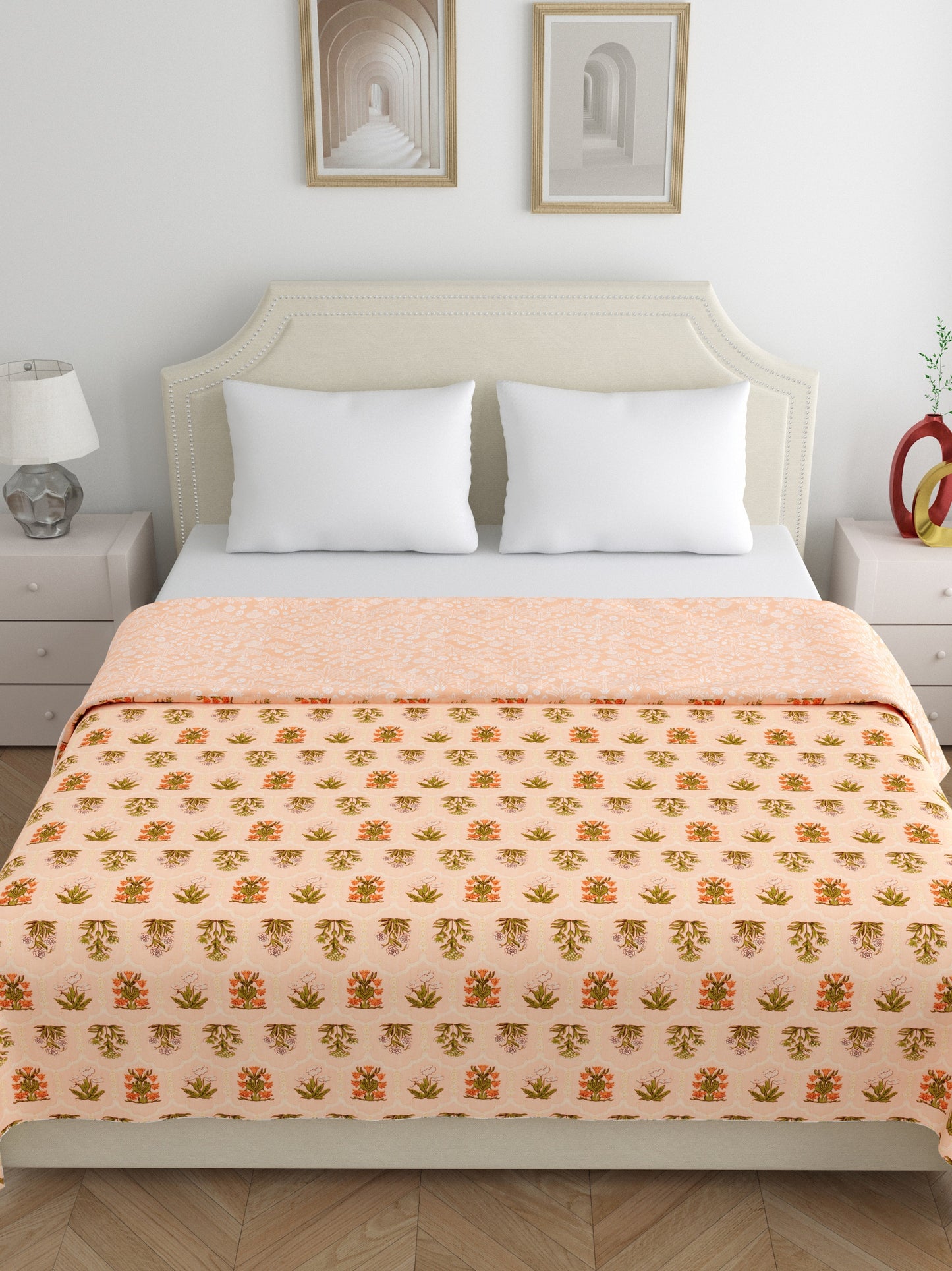 Home Ecstasy 100% Cotton 210 GSM Floral Dohar - Colour: Peach