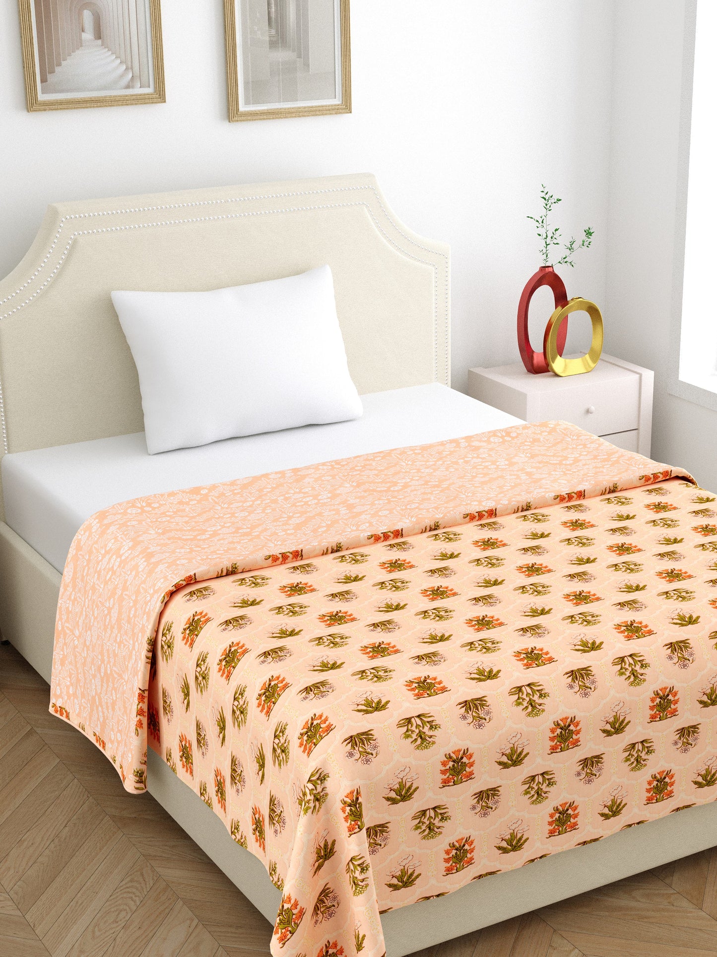 Home Ecstasy 100% Cotton 210 GSM Floral Dohar - Colour: Peach